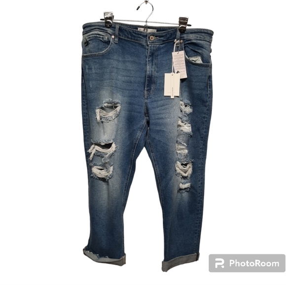 KanCan Womens High Rise Boyfriend Crop Distressed Jeans Blue New Tags 32 x 25 - Picture 1 of 9